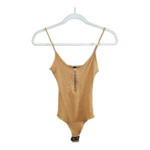 Windsor Sleeveless Brown 1/4 Zip O-ring Ribbed Knit Bodycon Bodysuit Women's XS